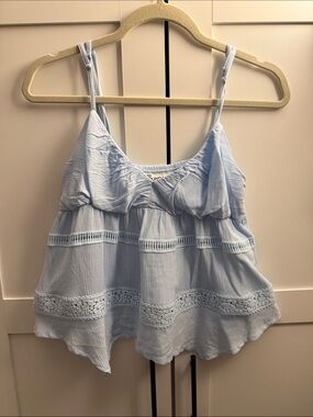 Light Blue Crochet-Trim Spaghetti Strap Tank Top